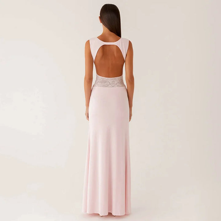 Maxi Dress with Lace and Pleats, Open Back - Lilin