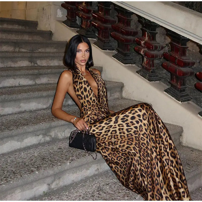 Leopard Satin Maxi Dress with Neck Tie and Draped Collar - Adelyn