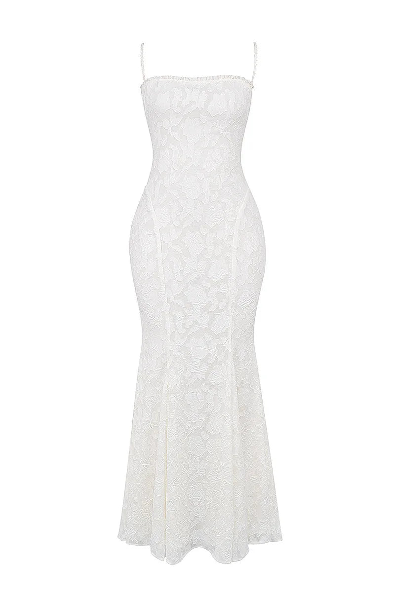 Chiffon Maxi Dress with Leaf Embroidery and Back Tie Design - BLANCA