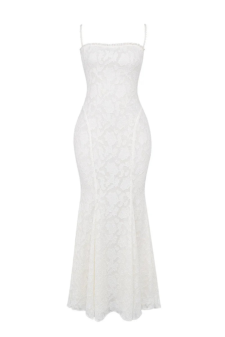 Chiffon Maxi Dress with Leaf Embroidery and Back Tie Design - BLANCA