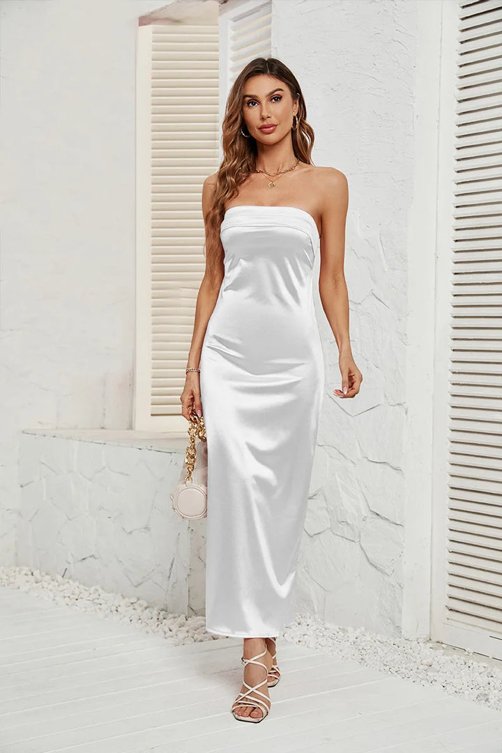 Strapless satin maxi dress with open back - ANATALYA