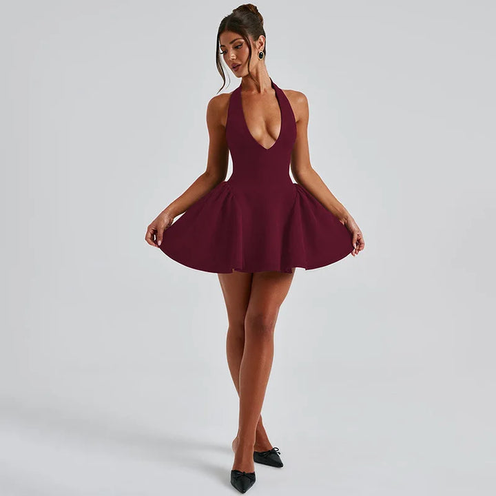 Mini A-line dress with V-neck and neck tie - Yolanda