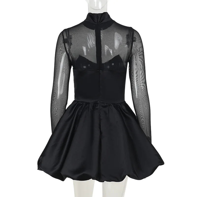 Balloon satin mini dress with mesh and half turtleneck design - Moran