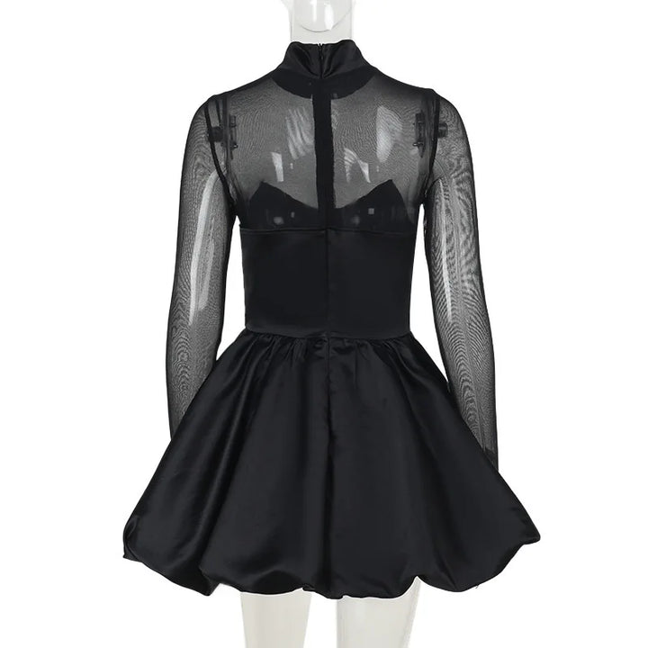 Balloon satin mini dress with mesh and half turtleneck design - Moran