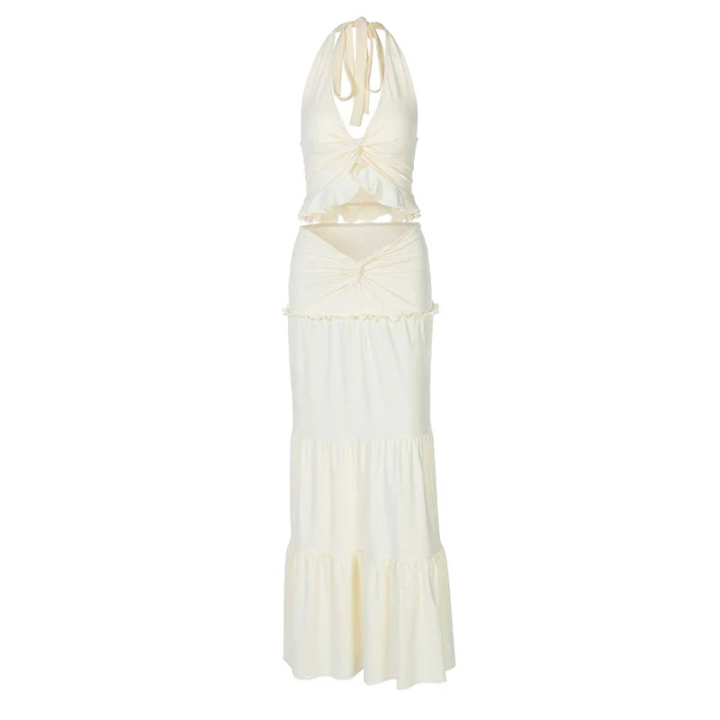 Two-piece set maxi skirt and neck tie top - Lorenza