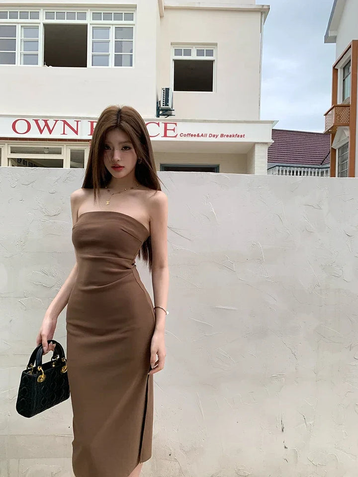 Elegant Strapless Midi Dress with Slit Decoration - Coral
