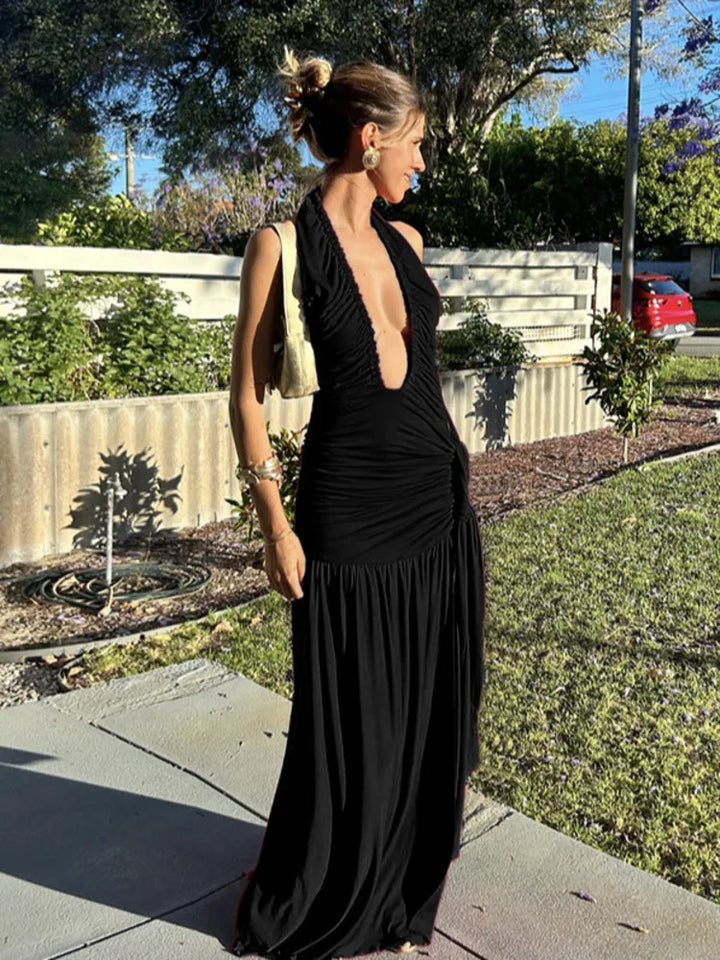 Ruched Maxi Dress with Tie Decoration, Open Back, and Deep V Neckline - Peleg