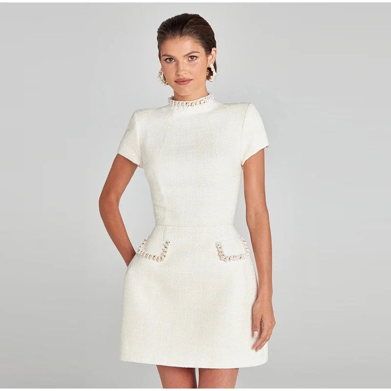 Elegant Mini Dress with Short/Long Sleeves, Tailored Style, Woven Fabric with Sequin and Pearl Embellishment - Lucia