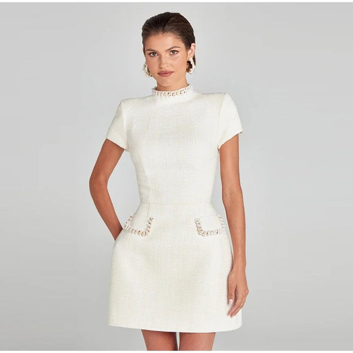 Elegant Mini Dress with Short/Long Sleeves, Tailored Style, Woven Fabric with Sequin and Pearl Embellishment - Lucia