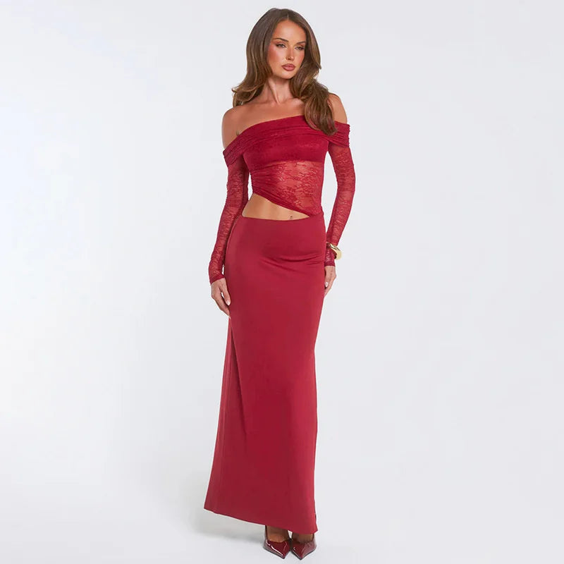 Maxi off-shoulder dress with lace and neckline design - LOLA