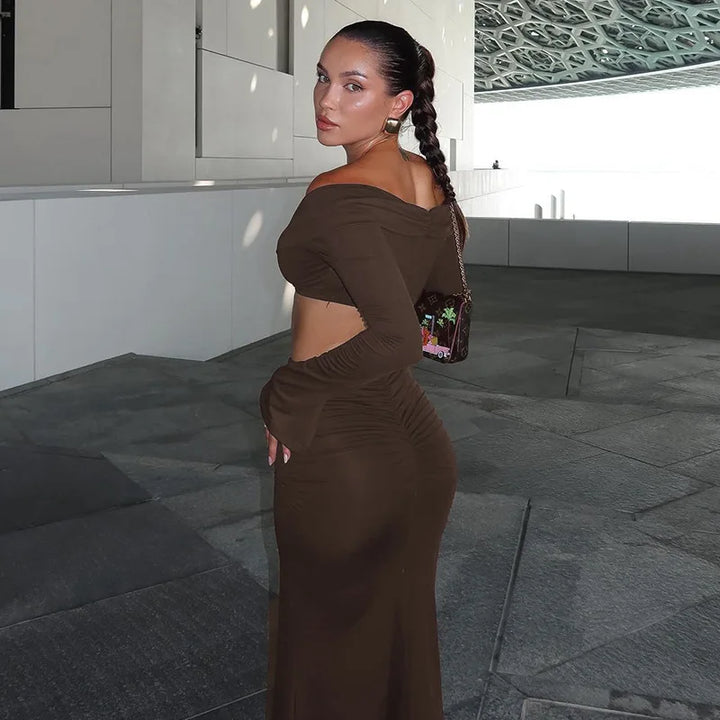 Two-Piece Set: Off-Shoulder Top with Buckle Detail and High-Waisted Maxi Skirt - Mariela