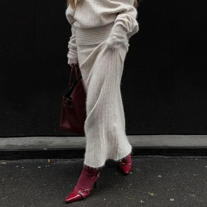 Two-Piece Knit Set with Off-Shoulder Top and Maxi Skirt - Ilona