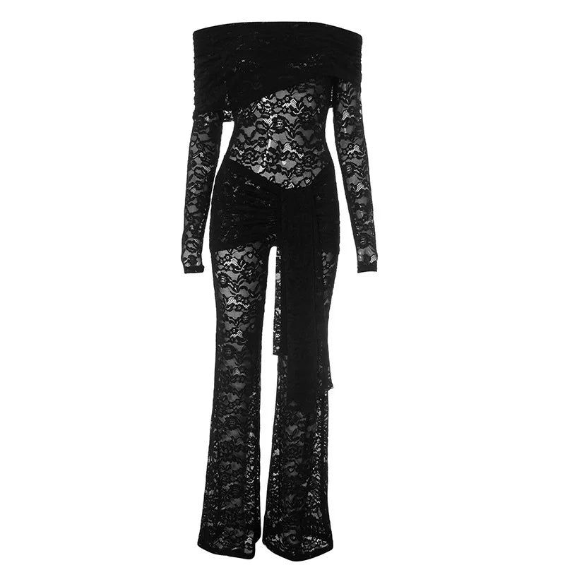 Lace jumpsuit with train and off-shoulder design - Gefen