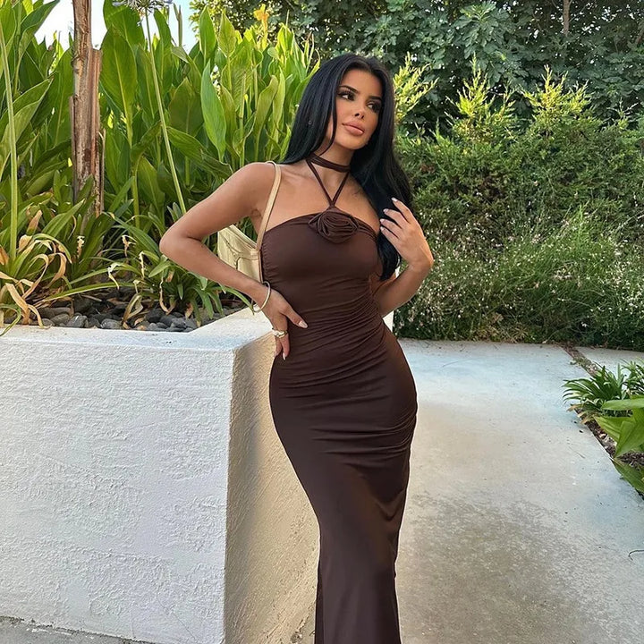 Fitted Maxi Dress with Floral Decoration and Neck Tie - Rosie