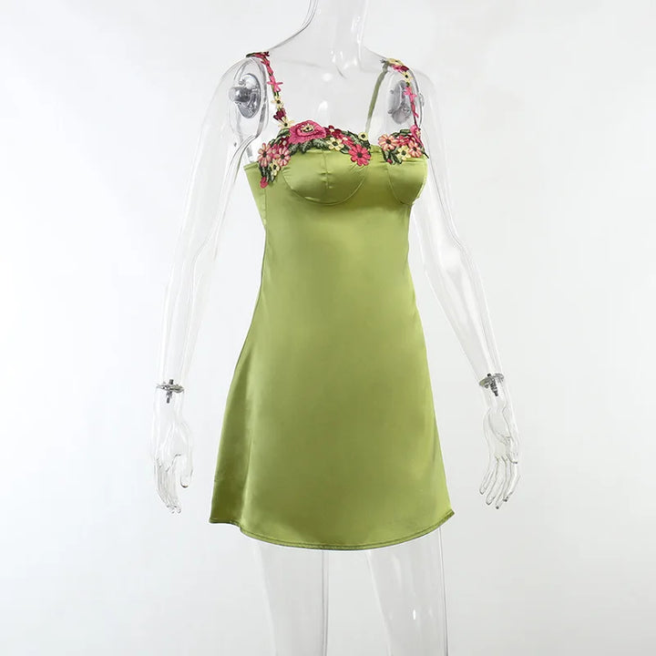 Satin Mini Dress with Floral Decoration - Sarin