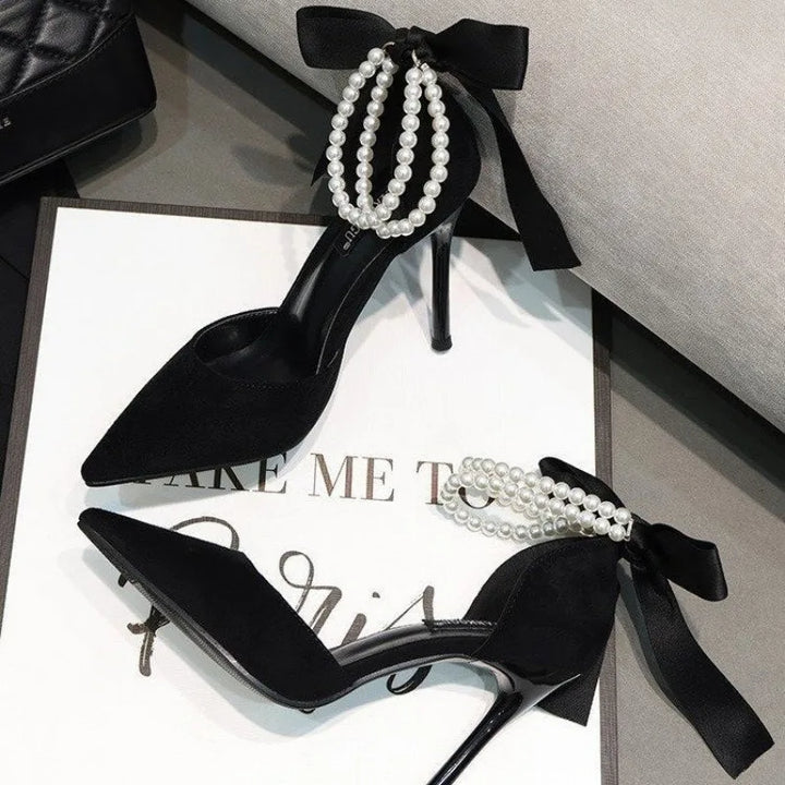 Suede Pointed Heel Shoes with Pearls and Satin Bow - Pearl