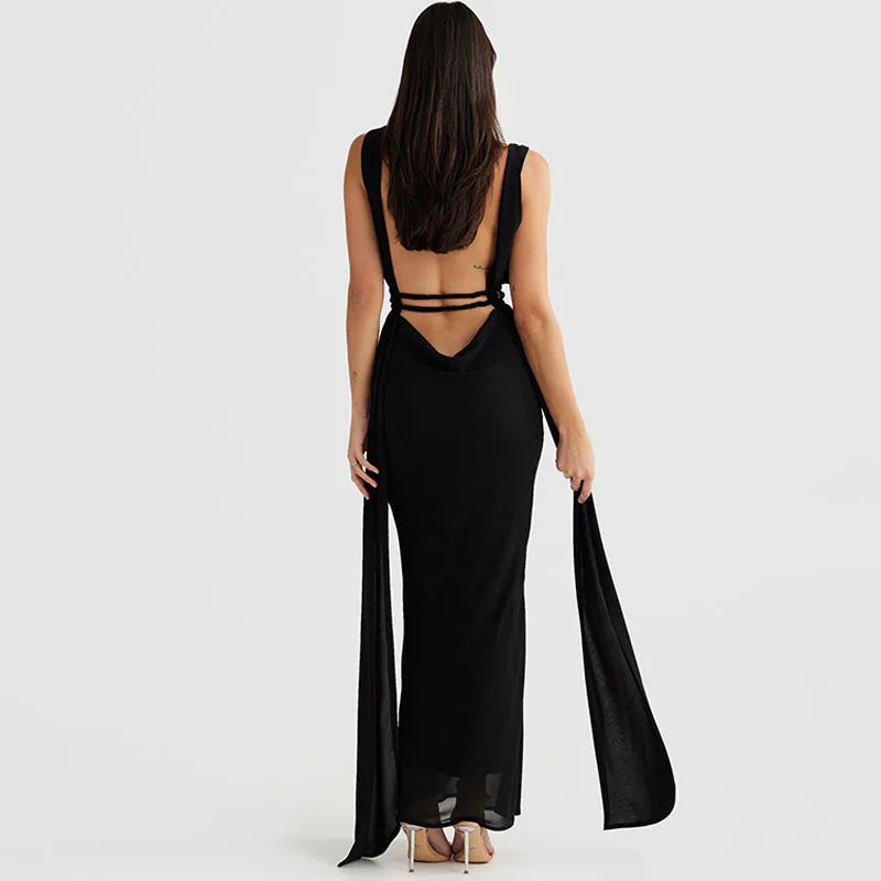 Maxi evening dress with open back and deep neckline - Adelina
