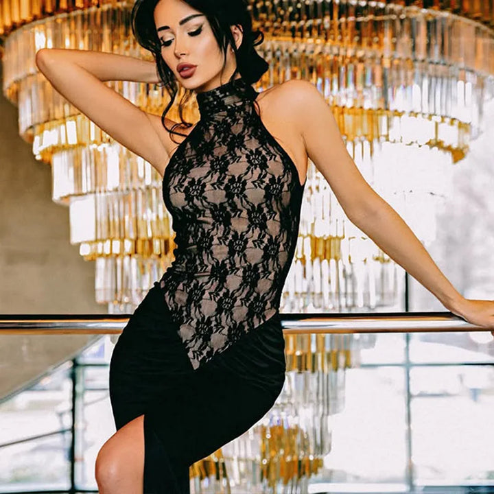 Golf Maxi Dress with Lace Detail and Deep Slit Design - Calliope