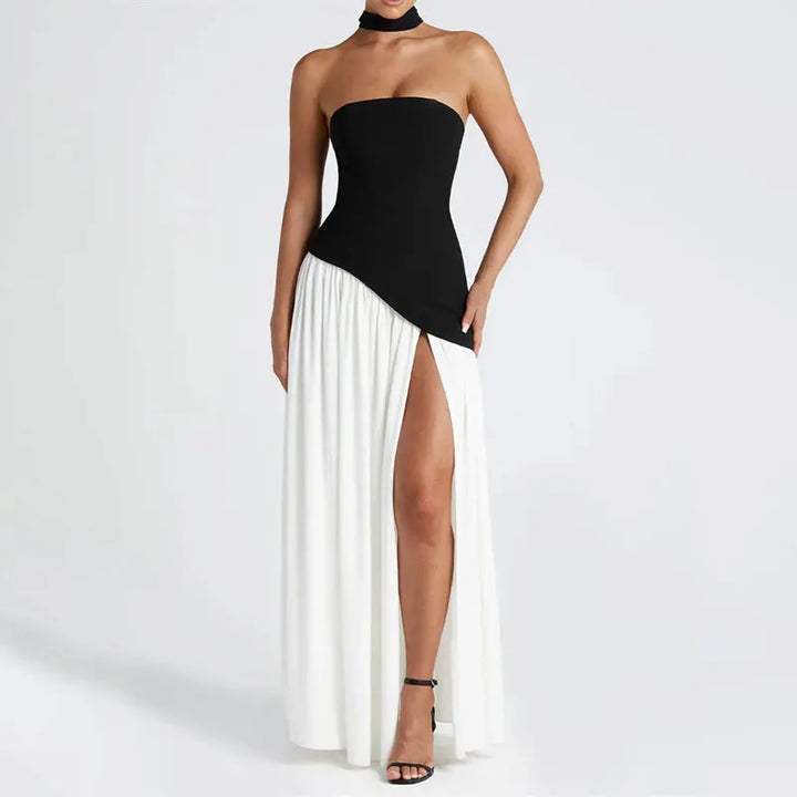 Maxi Strapless Dress with Back Tie, Chiffon Skirt, Slit, and Matching Scarf - Zora