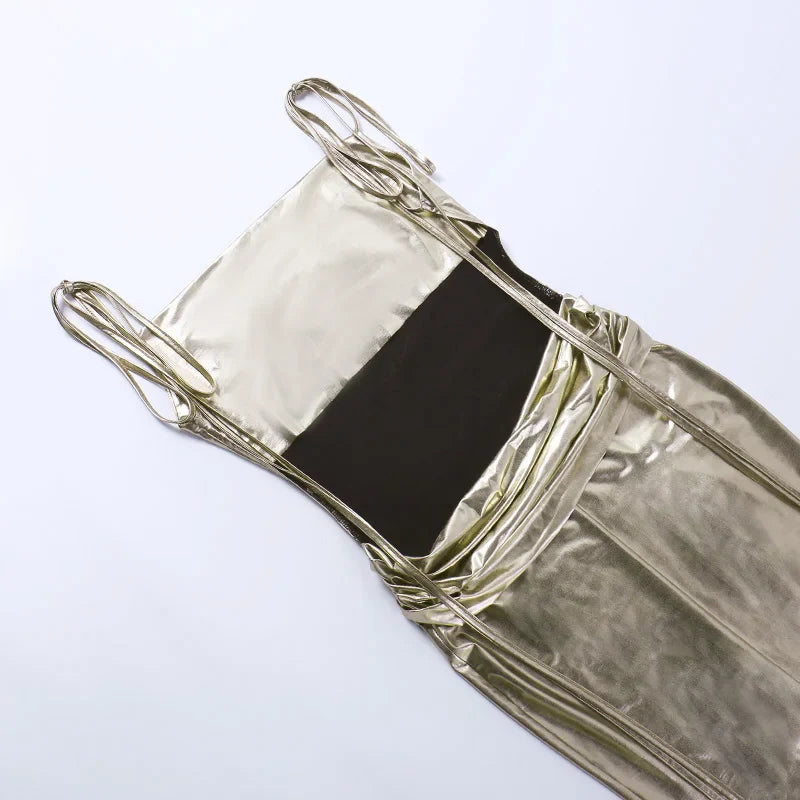Metallic bronze maxi dress with tie shoulder straps and open back - Nancy