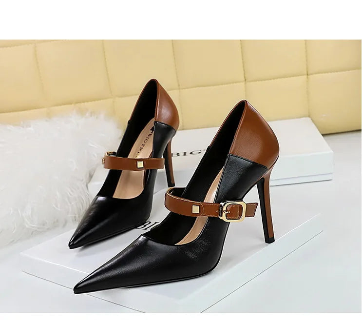 Faux Leather Pointed Heel Shoes with Buckle Decoration - Margaret