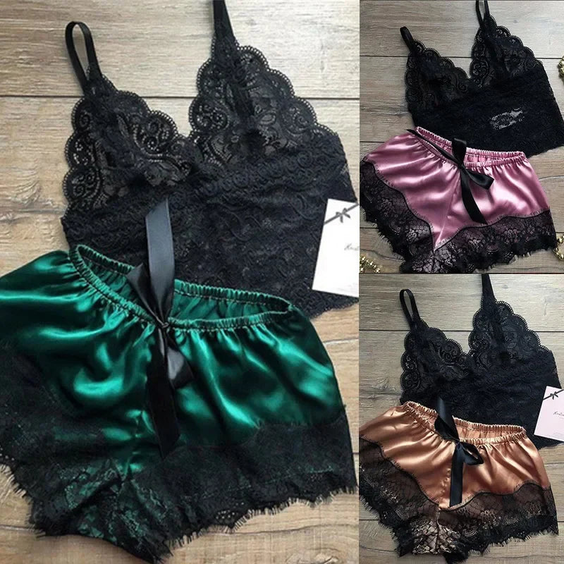 Babydoll Set with Satin Shorts and Lace Top - Noelle