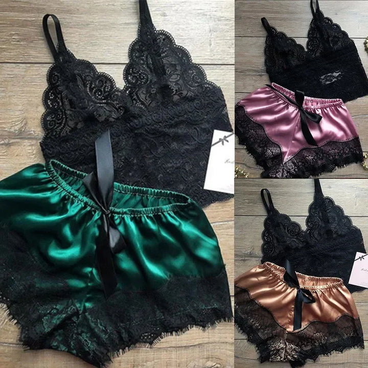 Babydoll Set with Satin Shorts and Lace Top - Noelle