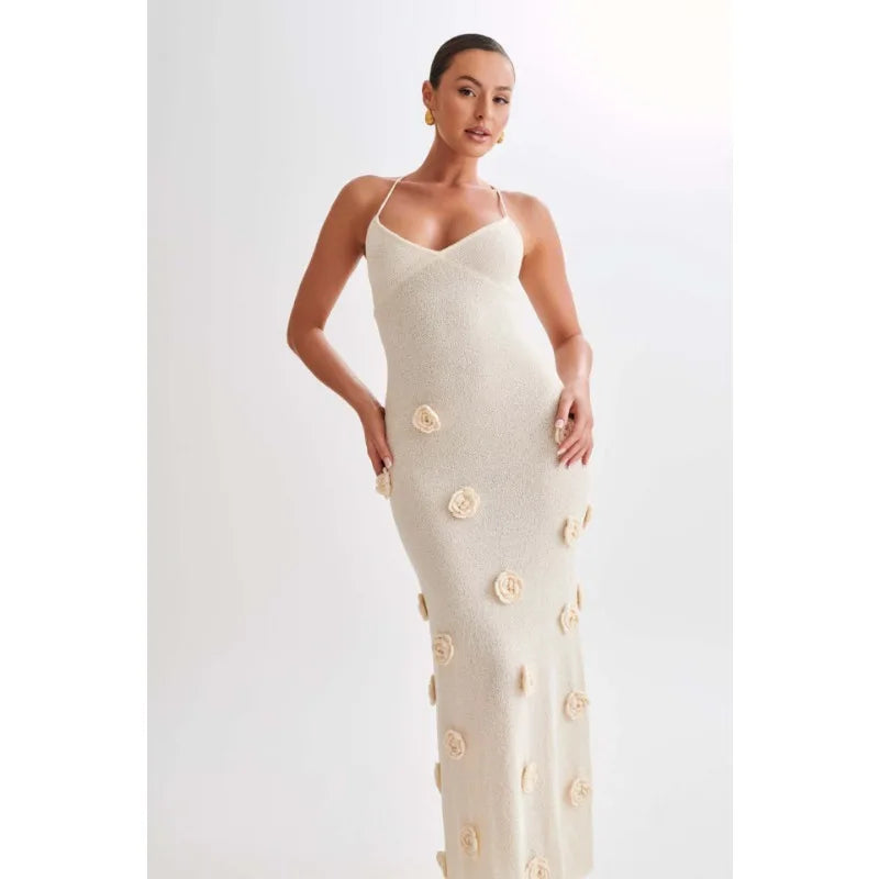 Knitted Maxi Dress with Floral Appliqués and Back Tie Detail - Malaya