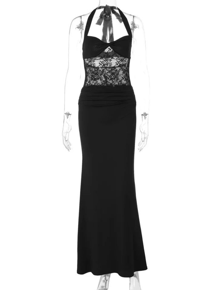 Maxi Dress with Lace and Tie at the Nape, Open Back - Nahora