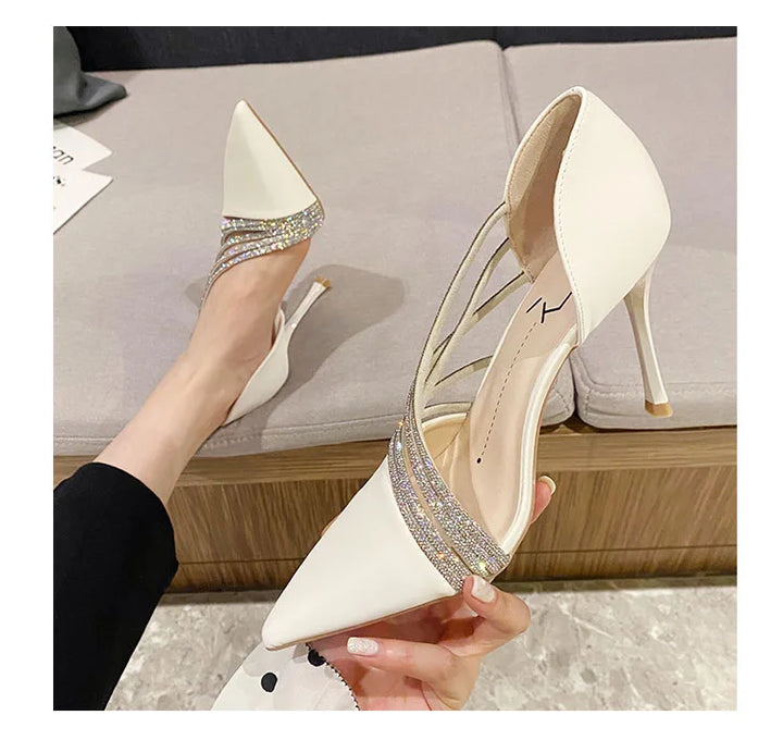 Suede Fabric Pointed Heel Shoes with Sparkling Sequin Design - Alior