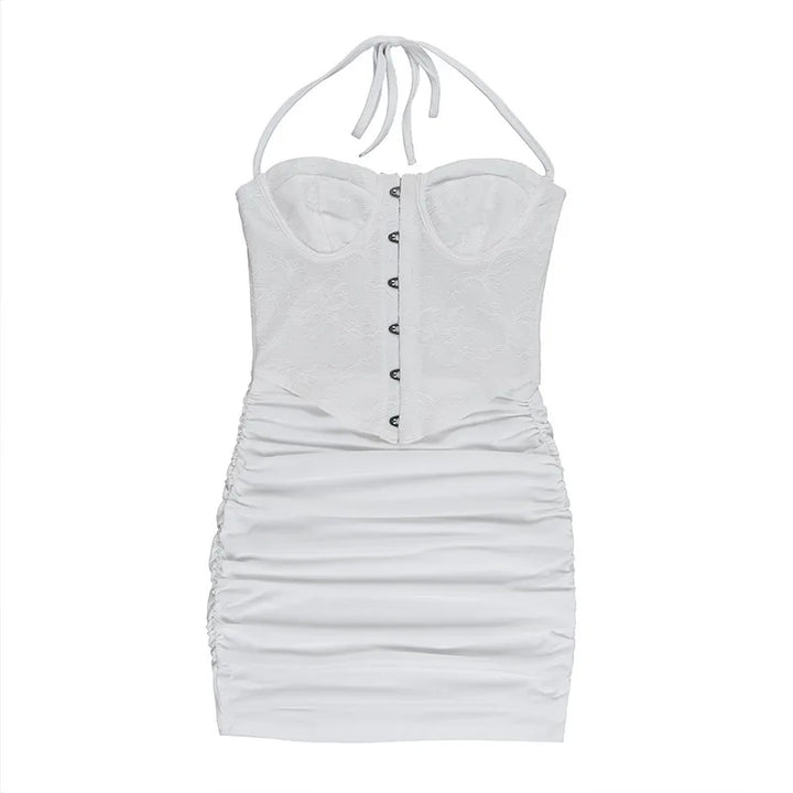 Mini Ruched Fitted Dress with Lace Corset Design, Pin Closure, Open Back - Emily
