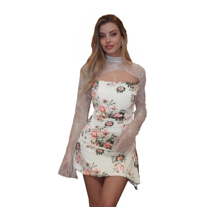 Floral mini dress with lace decoration - Sigal