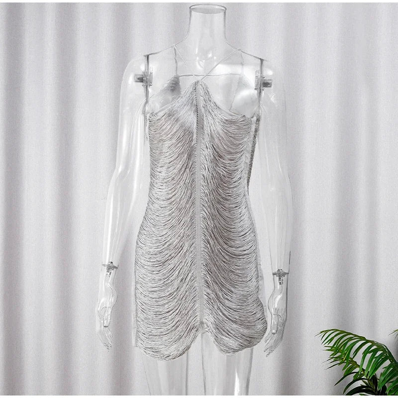Mini Dress with Shiny Threads and Open Back - Georgia