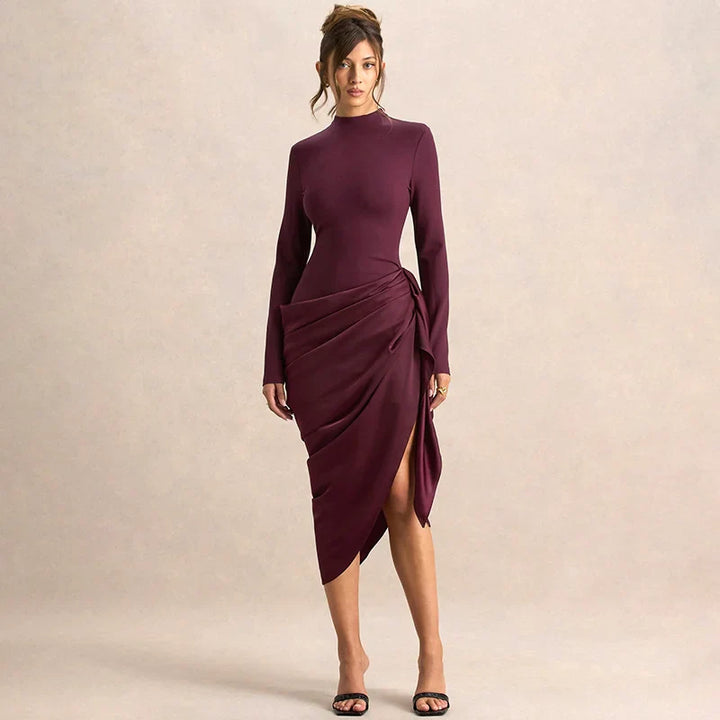 Midi Dress with Satin Design and Asymmetric Length - NIRA