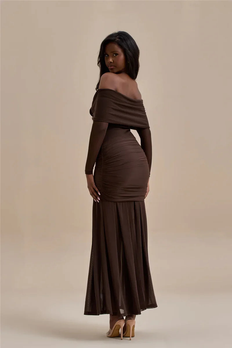Off-shoulder maxi dress with ruching and floral appliqué decoration - Angelica