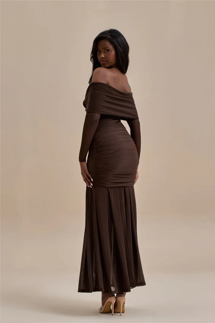 Off-shoulder maxi dress with ruching and floral appliqué decoration - Angelica
