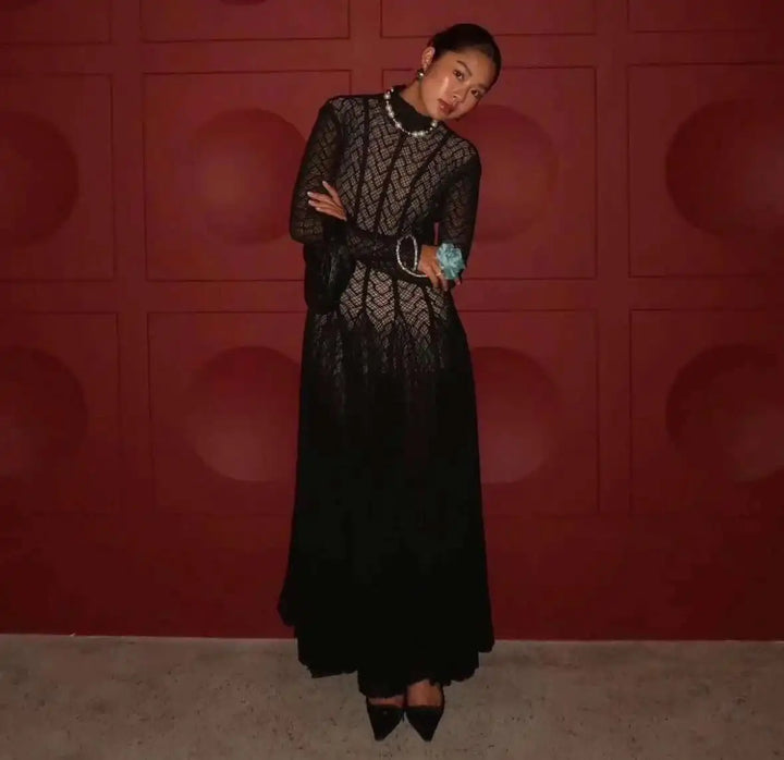 Elegant evening maxi dress with woven A-line design - Libby