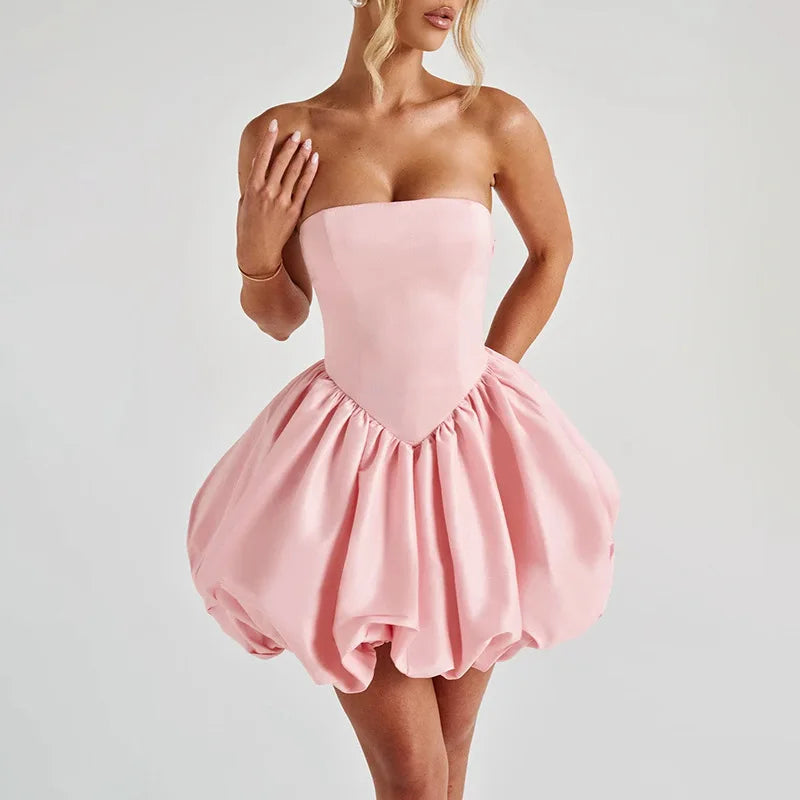 Strapless satin mini dress with balloon shape and bow decoration - Nina