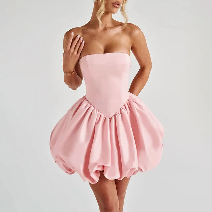 Strapless satin mini dress with balloon shape and bow decoration - Nina