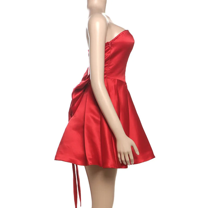 Strapless satin mini dress in A-line cut with back bow detail - Taisia