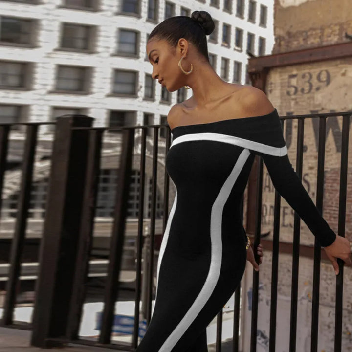 Off-shoulder maxi dress with contour line decoration - Katie