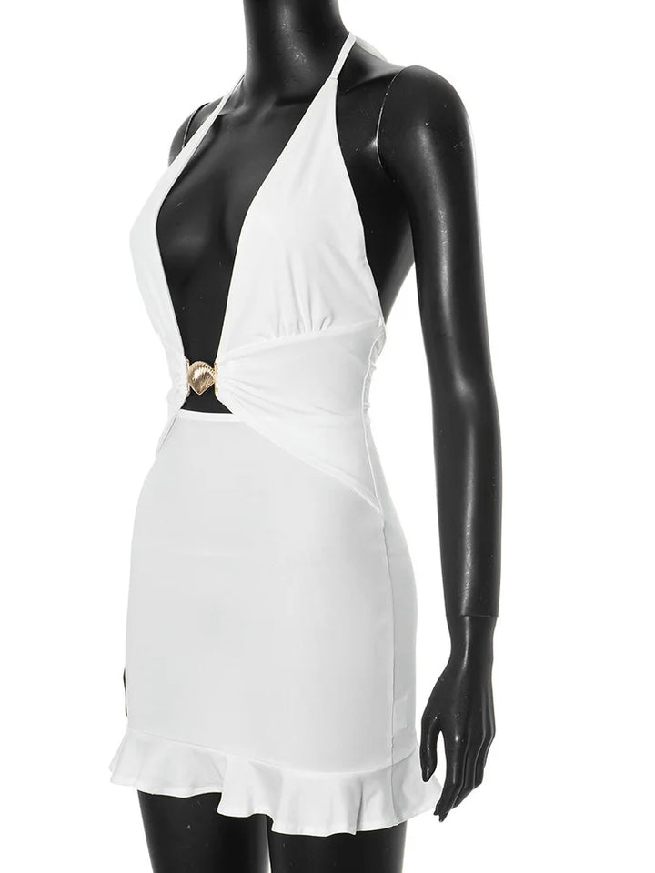 Mini dress with neck tie, deep V neckline decorated with gold shell buckle - Astraja
