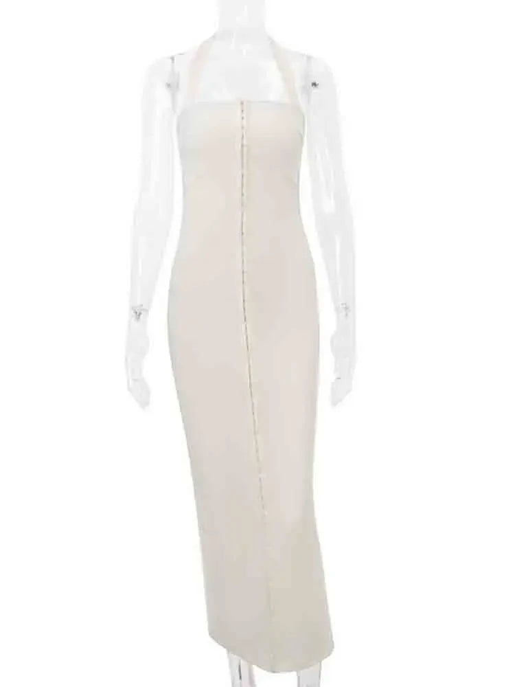 Fitted Maxi Dress with Pin Closure and Open Back - Natasha