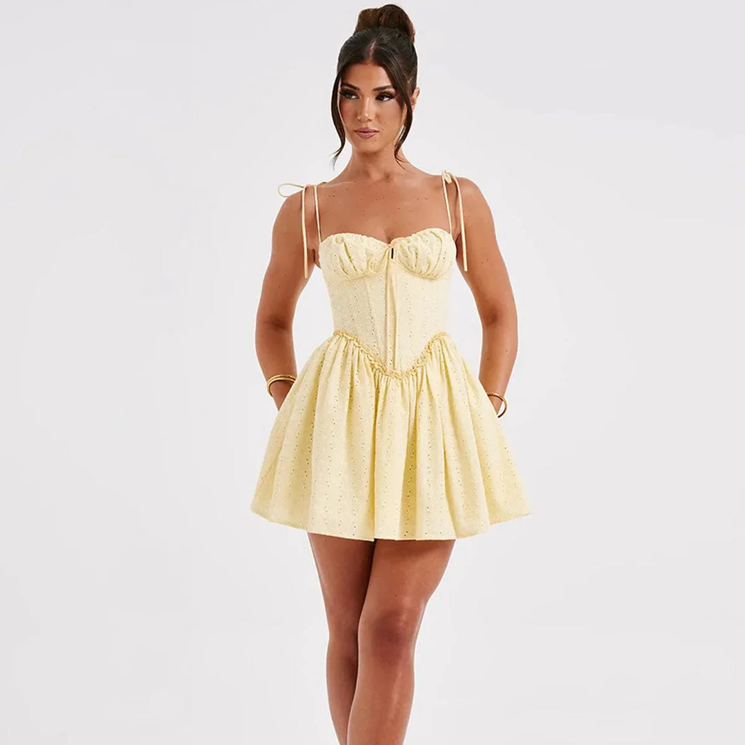 A-Line Mini Dress with Embroidery and Tie Straps - GAYA