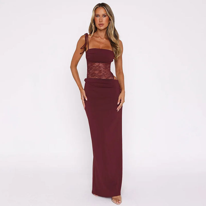 Elegant Maxi Dress with Lace and Tie Straps - Indigo