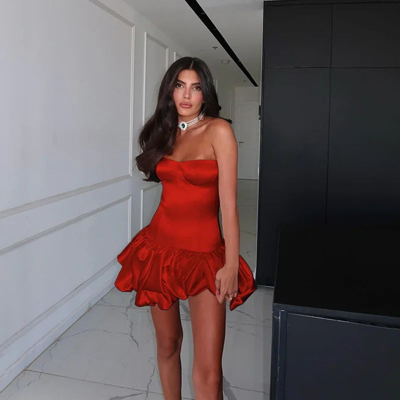 Strapless Satin Mini Dress with Balloon Ruching Design - BELLEN