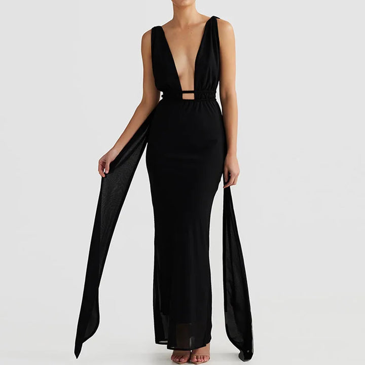Maxi evening dress with open back and deep neckline - Adelina