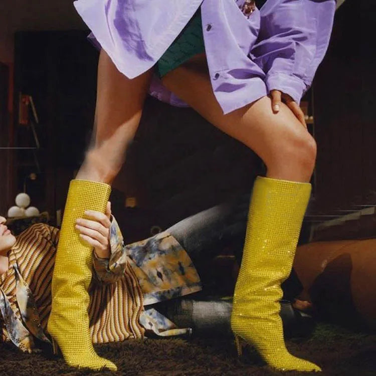 High Pointed Heel Boots with Sparkling Rhinestone Design - Josie