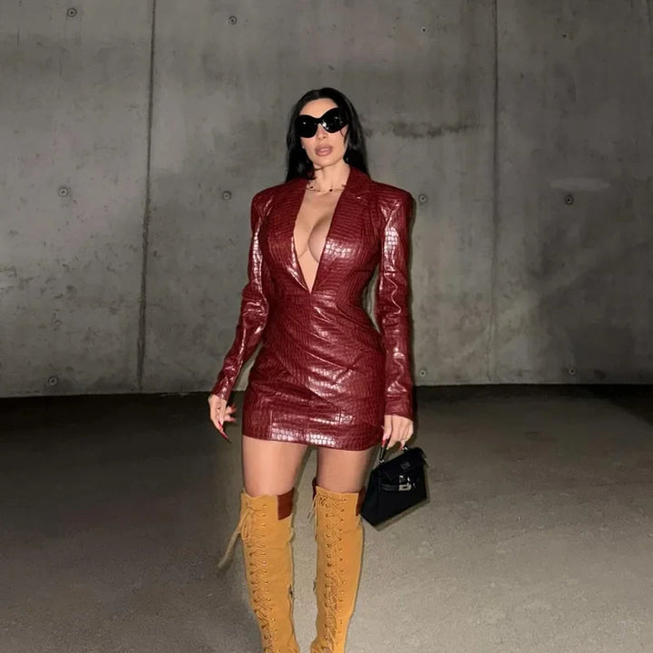 Faux Leather Mini Dress with Studded Design - Genevieve