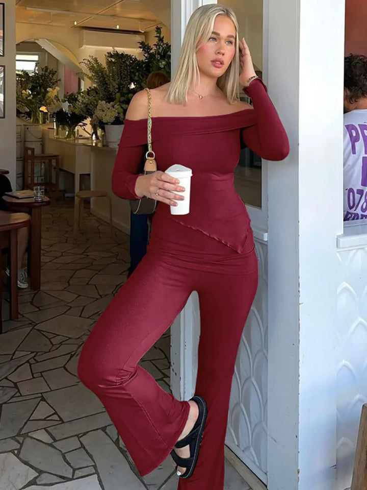 Two-piece knitted set with asymmetrical off-shoulder top and long pants - ROZIE